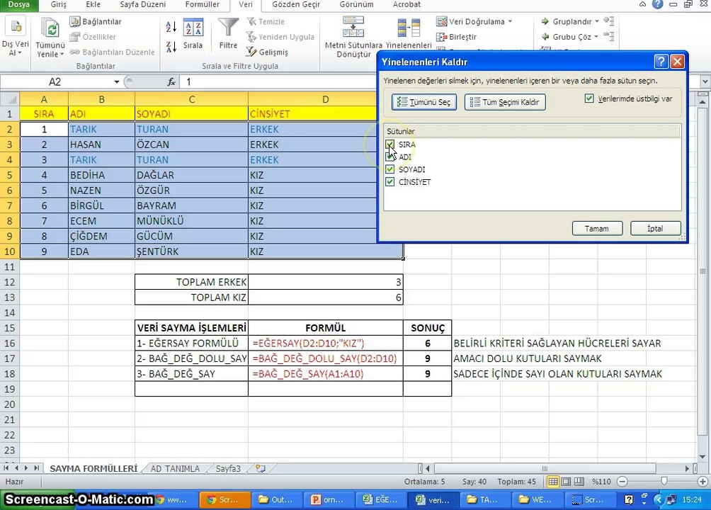 020 - Microsoft Excel 2010 - Sayma formulleri, veri işlemleri, gözden geçir sekmesi