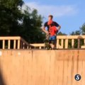 Crazy Father pushing his son over a skateboard ramp!
