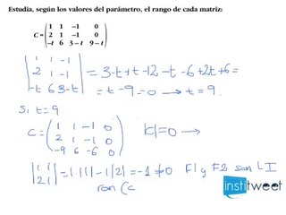 Estudia, según los valores del parámetro, el rango de cada matriz