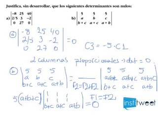 Aplicar las propiedades de los determinantes para probar que son nulos