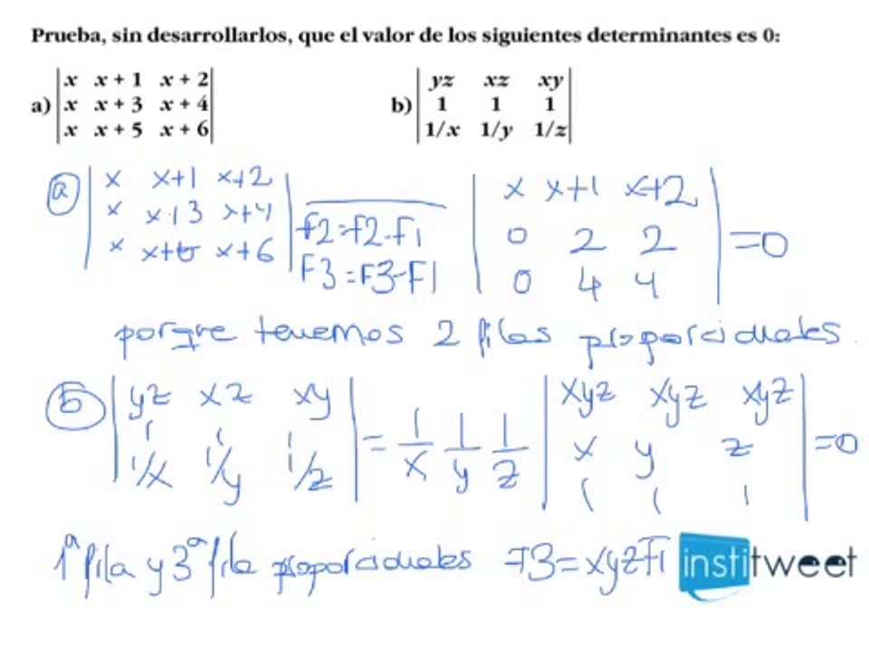 Probar que los determinantes son cero sin desarrollarlos