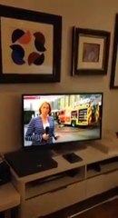 Guy watching tv while reporter is filming outside. That's LIVE!