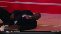 Shaquille o'neal hilarious Fail and fall down because of trash can.