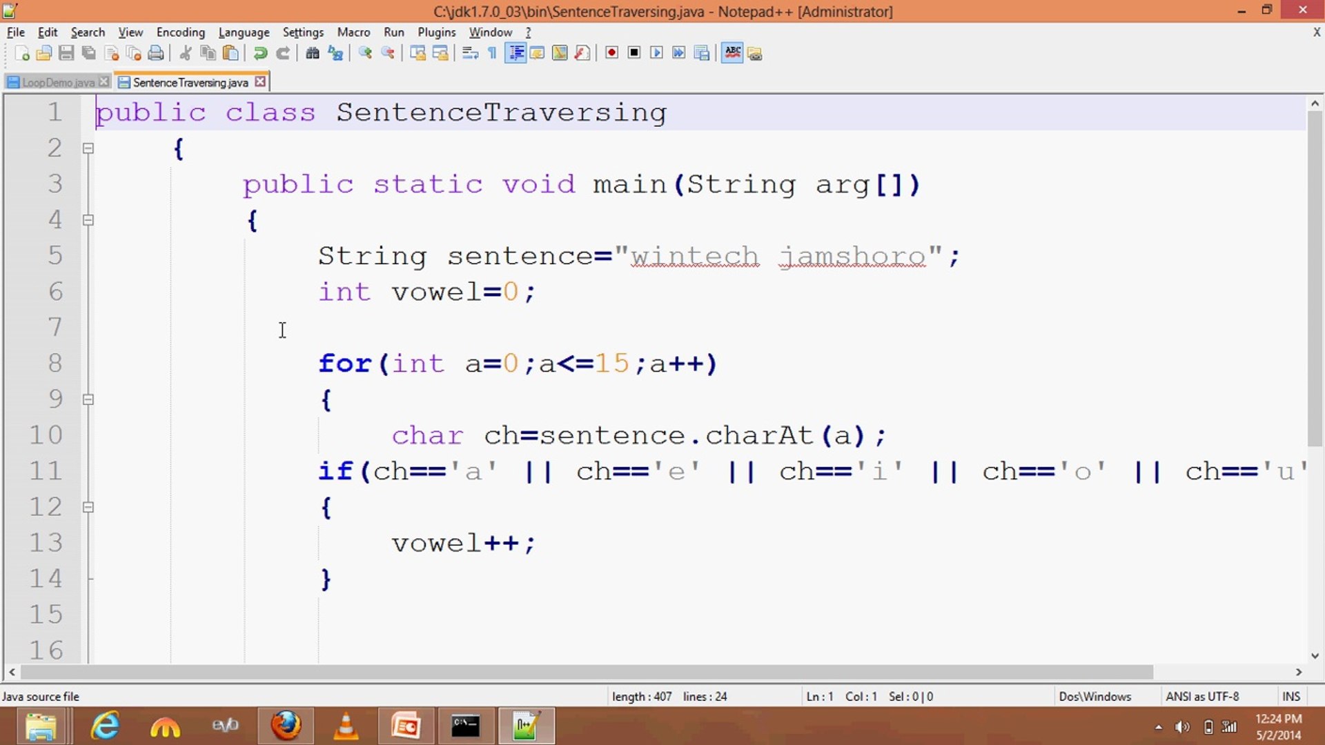 java programming tutorial 30 count vowels from sentence  (sindhi)
