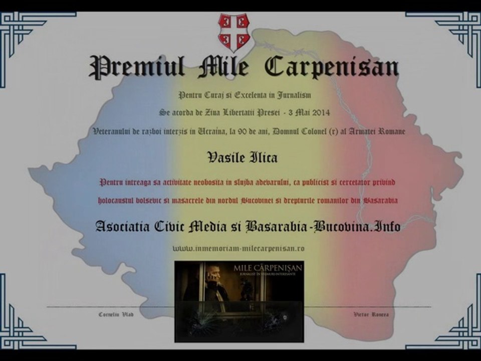 Cercetator al Masacrelor din Bucovina, veteranul Vasile Ilica, distins cu Premiul Mile Carpenisan 2014 de Civic Media si Basarabia-Bucovina.Info