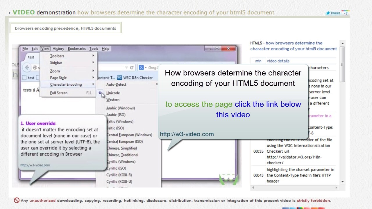 HTML5 browsers encoding precedence - override encoding / w3-video.com