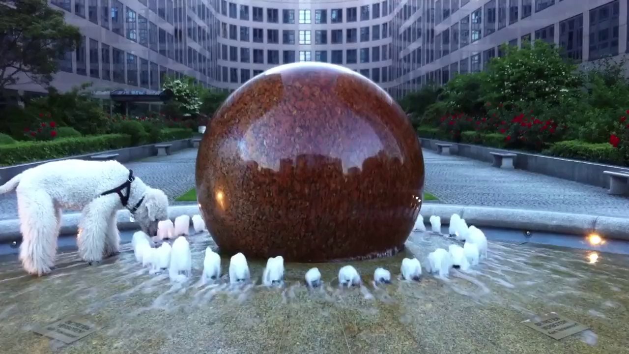 Albert am „Sich-im-Wasser-drehende-Kugel“-Brunnen in de Maizière‘s Innenhof