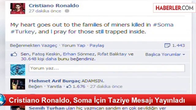 Cristiano Ronaldo, Soma İçin Taziye Mesajı Yayınladı