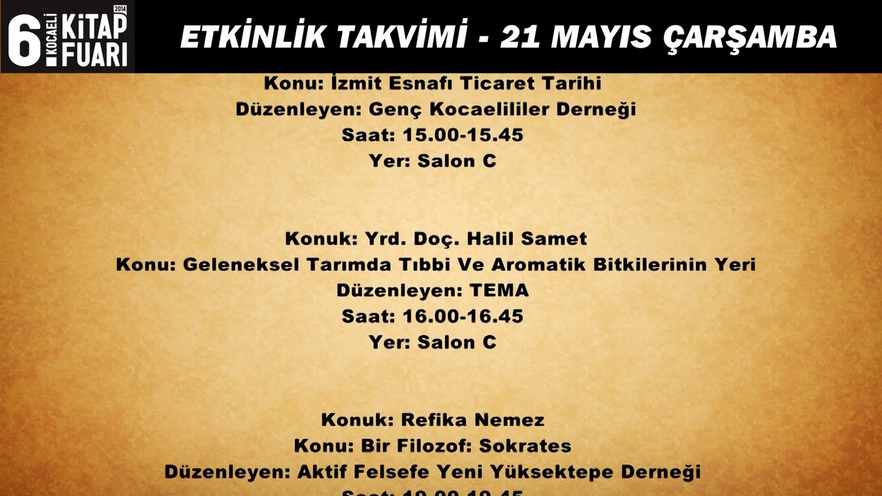 KOCAELİ KİTAP FUARI 21 MAYIS ETKINLİK TAKVİMİ