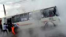 Russian bus passengers scramble from gushing hot water pipe