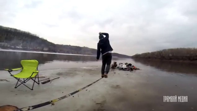 ICE SLACKLINE and BBQ! Awesome guys playing on ice!