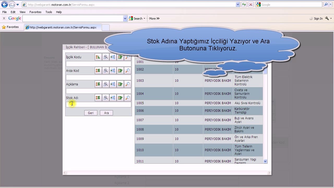 Motoran Webgaranti İşçilik Girişi