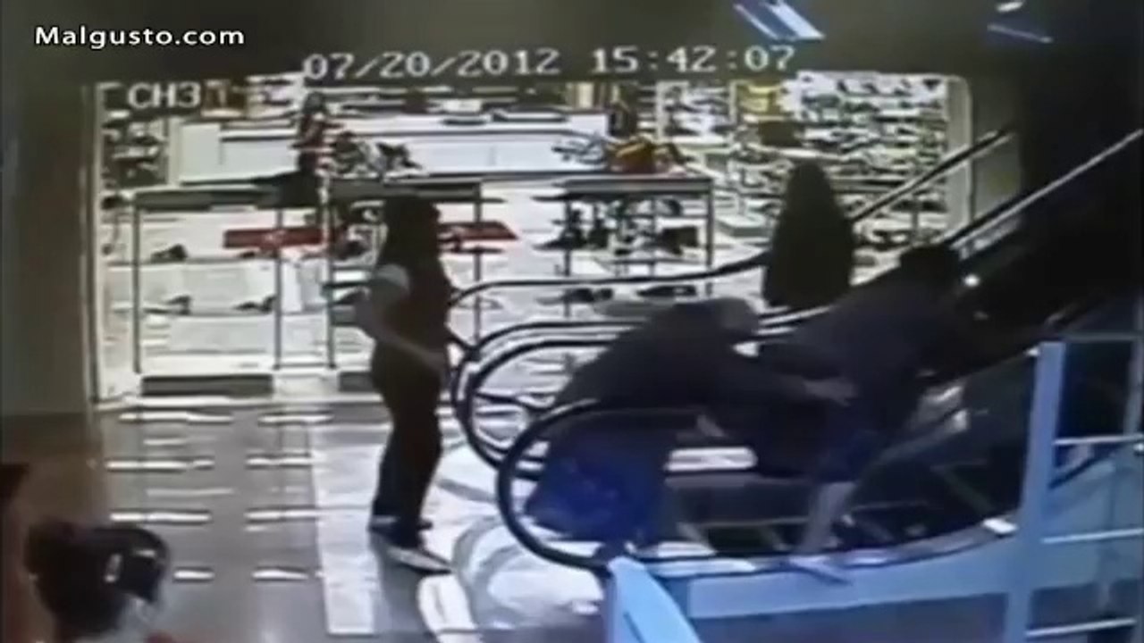 Old woman with problems on escalator