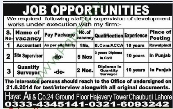 Accountant,-Site-Supervisor-Jobs-in-Lahore,15 June 2014