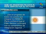 Gobierno de Argentina felicita a Santos por reelección en Colombia