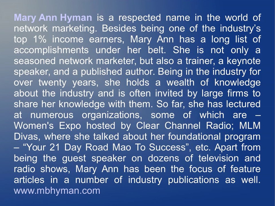 Mary Ann Hyman – A Respected Name In The Network Marketing Industry