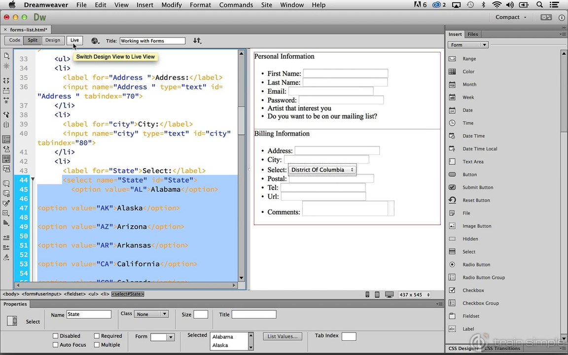 Working with Forms  Inserting a Select Control