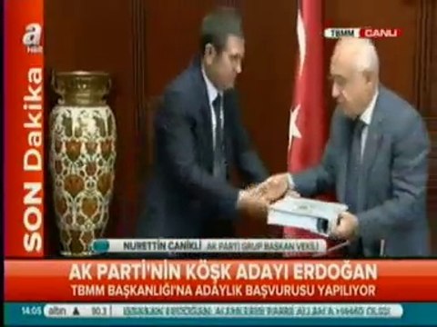 Başbakan Resmen Cumhurbaşkanı Adayı Oldu. Ak Parti Grup Başkanvekilleri Nurettin Canikli ve Mihrimah Belma SATIR, Başbakan Erdoğan'ın Adaylığı İçin Toplanan İmzaları Meclis Başkanı Cemil Çiçek'e Sunuyor