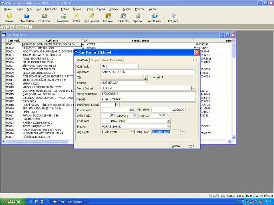 Aymet Ön Muhasebe Programı  - Cari Karti Ekleme