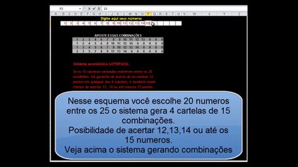 Esquema para Lotofacil 20 numeros em 4 cartelas