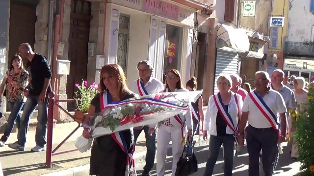 Actu Salernes Var 14 Juillet 2014 Commémoration Discours Nicole Fanelli, Maire de Salernes, Conseillère générale du Var, Vice-Présidente aux actions culturelles de la Communauté d’ Agglomération Dracénoise et ses élus Salernes Dracénie Var