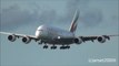 Airbus A380 Emirates Airlines. Hong Kong Airport Landing and Takeoff in the Sunset