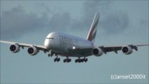 Airbus A380 Emirates Airlines. Hong Kong Airport Landing and Takeoff in the Sunset