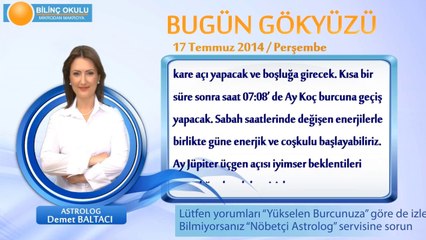 BOĞA Burcu, GÜNLÜK Astroloji Yorumu,17 TEMMUZ 2014, Astrolog DEMET BALTACI Bilinç Okulu