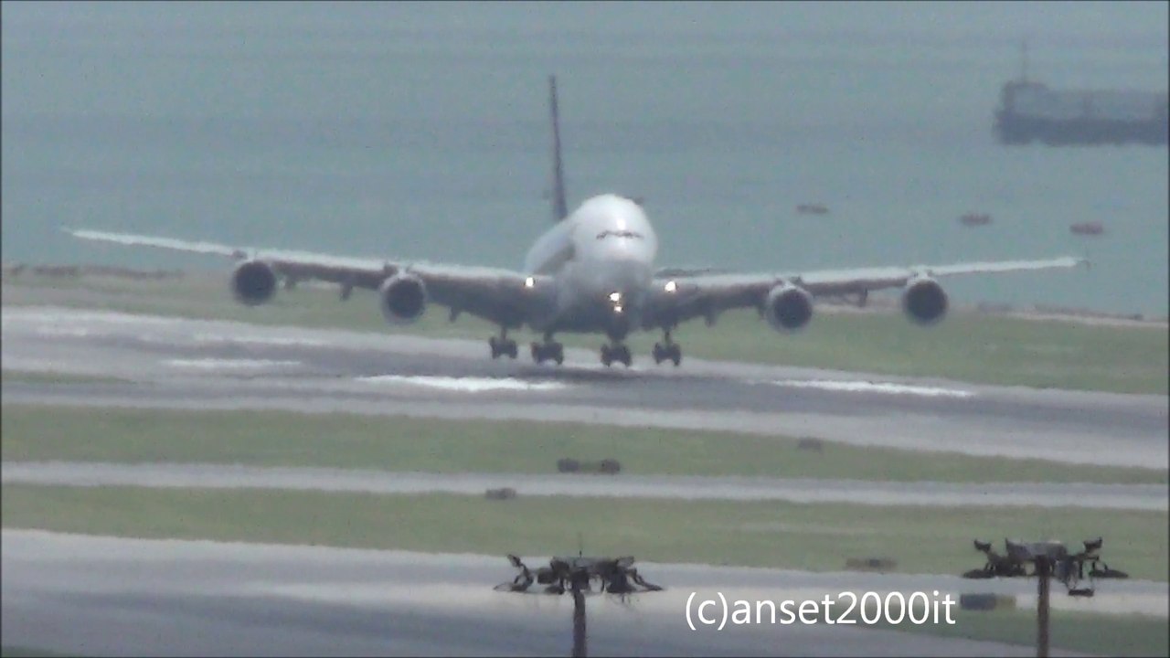Airbus A380 Singapore Airlines Landing in Hong Kong International Airport. Great View of the Whole Airport