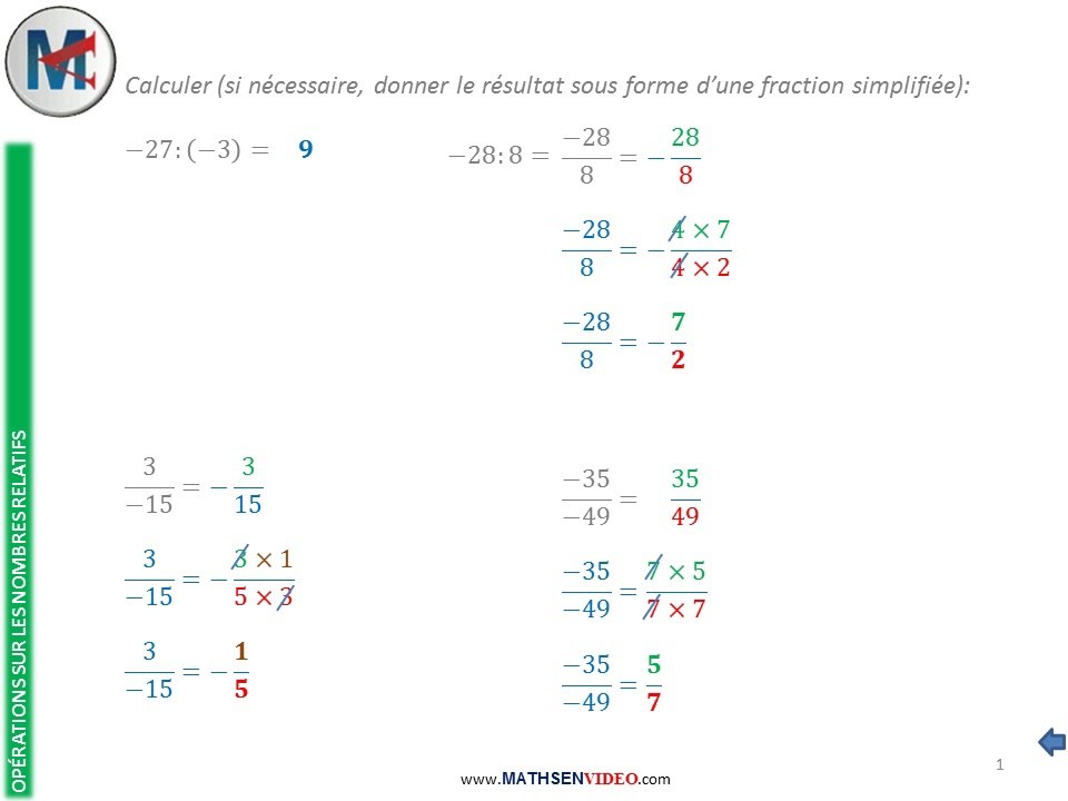 Exercice: Division de nombres relatifs
