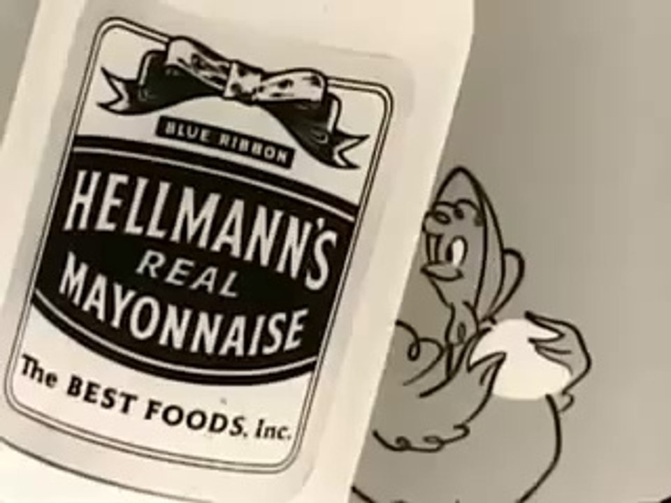 VINTAGE 50s ANIMATED HELLMANNS MAYONNAISE TV AD ~ ANIMATED CHICKEN CROWING ABOUT HER CONTRIBUTION