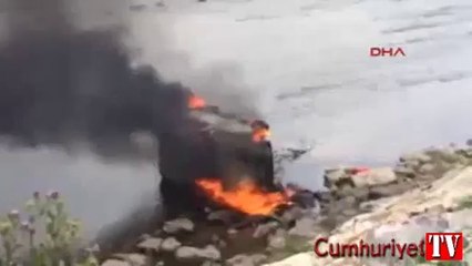 Dere yatağına düşen otomobil alev topuna döndü