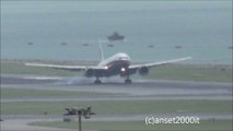 Hong Kong Airport. Malaysia Airlines Boeing 777 Landing. Some crosswind