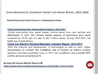 China Hemodialysis Equipment Market Research Report 2013-2016