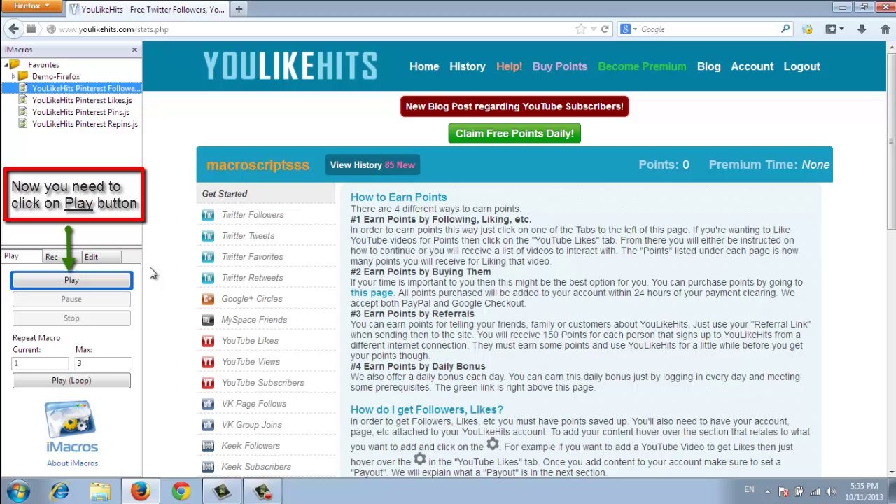 YouLikeHits Pinterest Followers JavaScript Macro