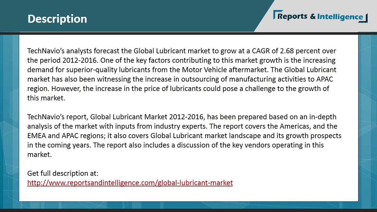 Global Lubricant Market study over the period 2012-2016