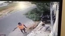 2 guys almost killed by SUV car on sidewalk! Crazy...