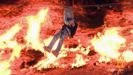 Scientist Flying Over volcano flames!