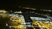 Night Takeoff from Hong Kong Airport. Boeing 747-8 Lufthansa. Nice Night View of Many Planes and of the Airport