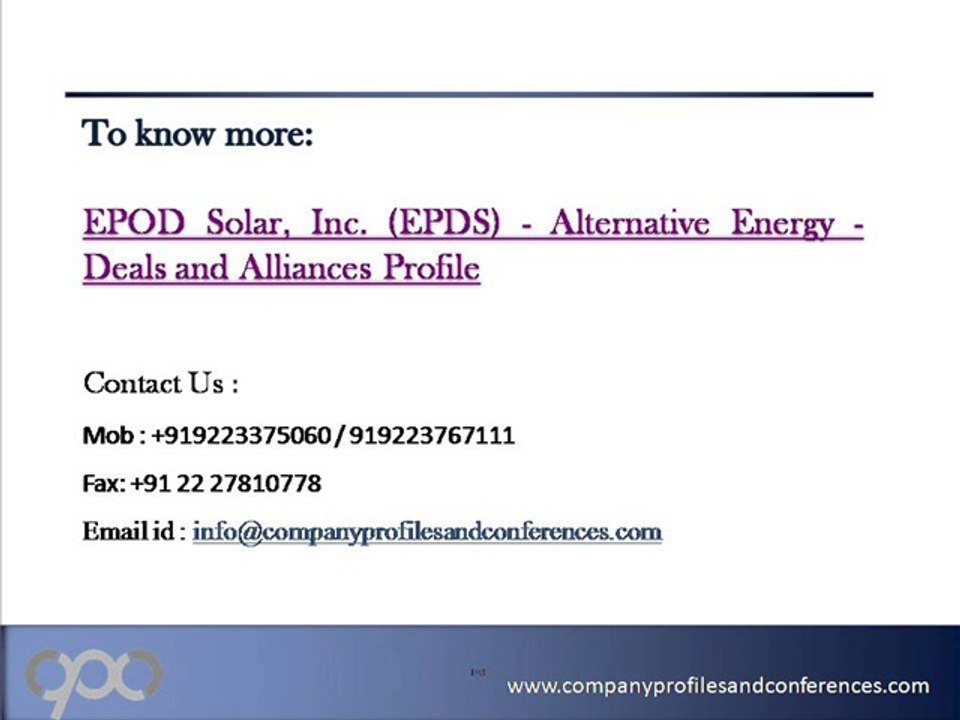 EPOD Solar, Inc. (EPDS) - Alternative Energy - Deals and Allianc