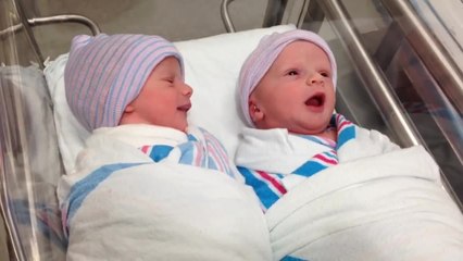 Newborn (one-hour-old) twins have first "conversation"