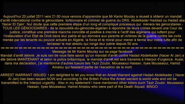 Algerie 2013 appel à Bouteflika _ Mandat d'arrêt international Interpole_ Nacer El Jen du DRS