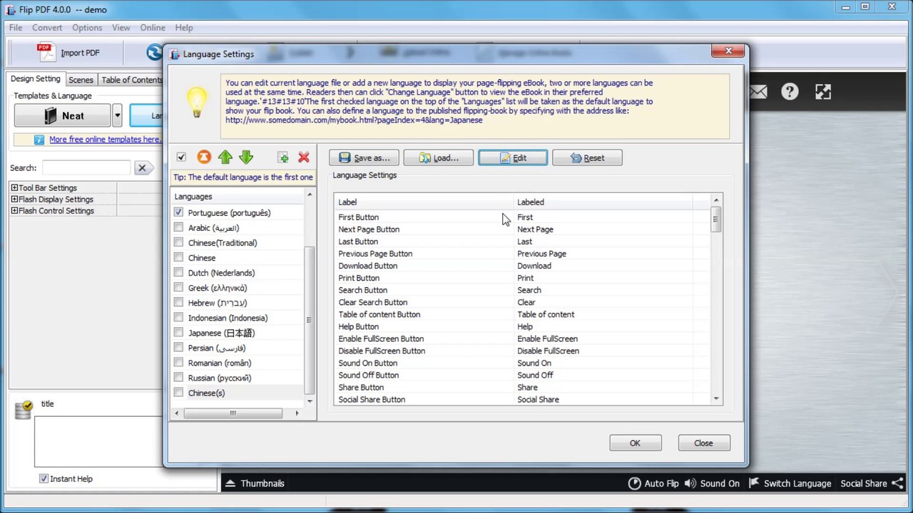 Create a new language to flipbook template by using A-PDF FlipBook Maker
