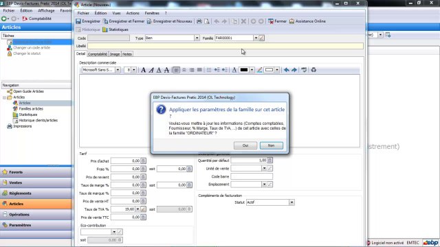 EBP Facturation Pratic 2014 : Les familles et fiches articles