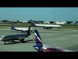 Aeroflot plane enters parking bay at Sheremetyevo airport, Moscow