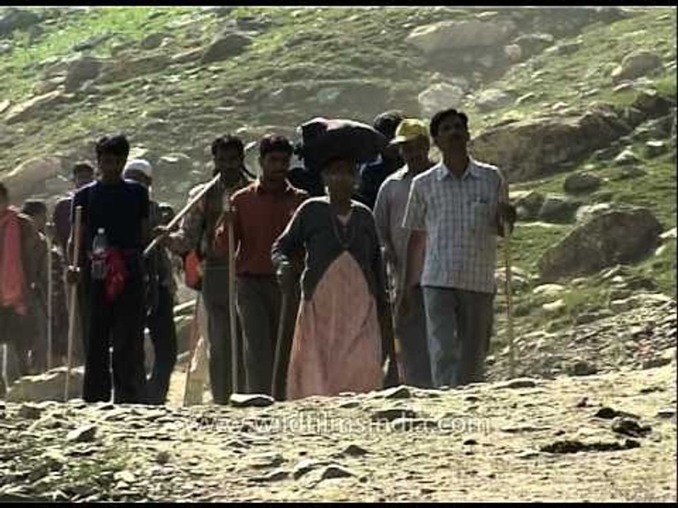Amarnath pilgrims walk towards the holy cave