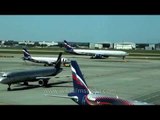 Aeroflot planes taking off and taxiing on runway at Seremetyevo airport, Moscow
