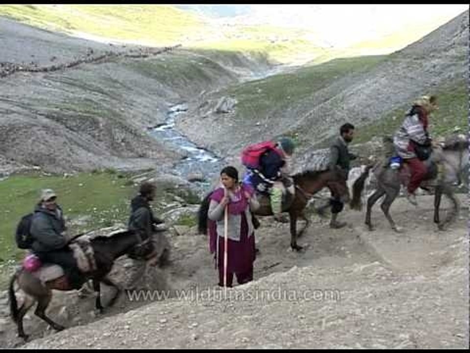 Pilgrims on their way to the holy cave shrine of Amarnath