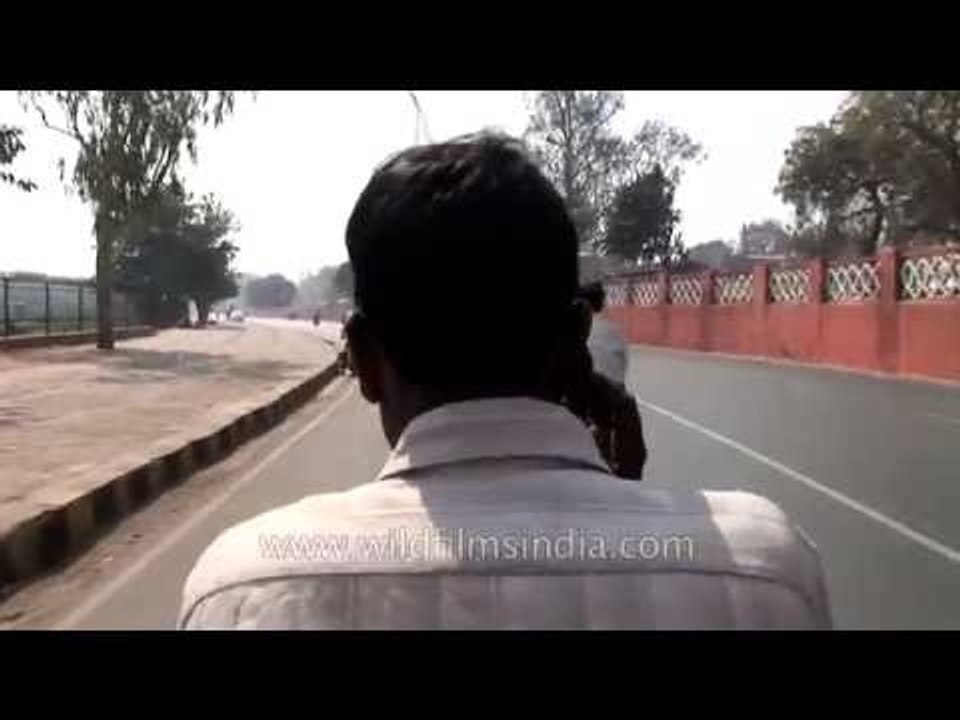 Man talks on phone while riding a cycle rickshaw - Delhi