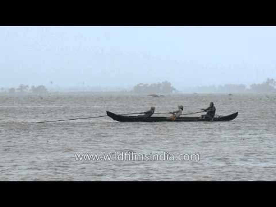 Fishermen pulling fishing net  - Vembanad Lake, Kerala
